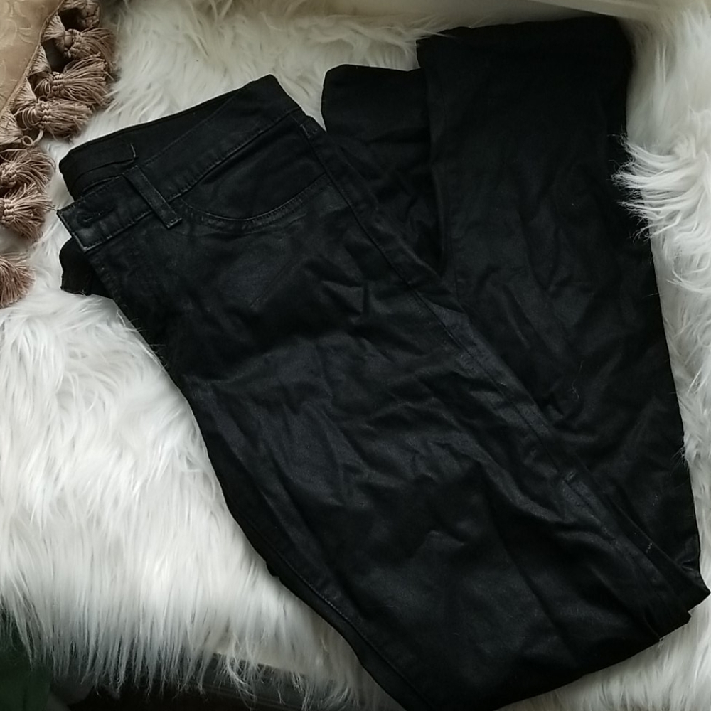 Waxed straight leg jeans.